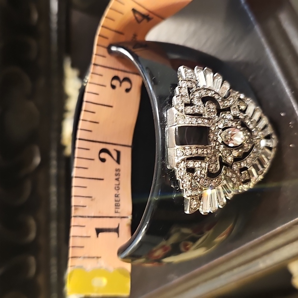 Kenneth Jay Lane Art Deco-Style Wide Cuff Braclet, Enamel & Rhinestone Medallion - Picture 7 of 15